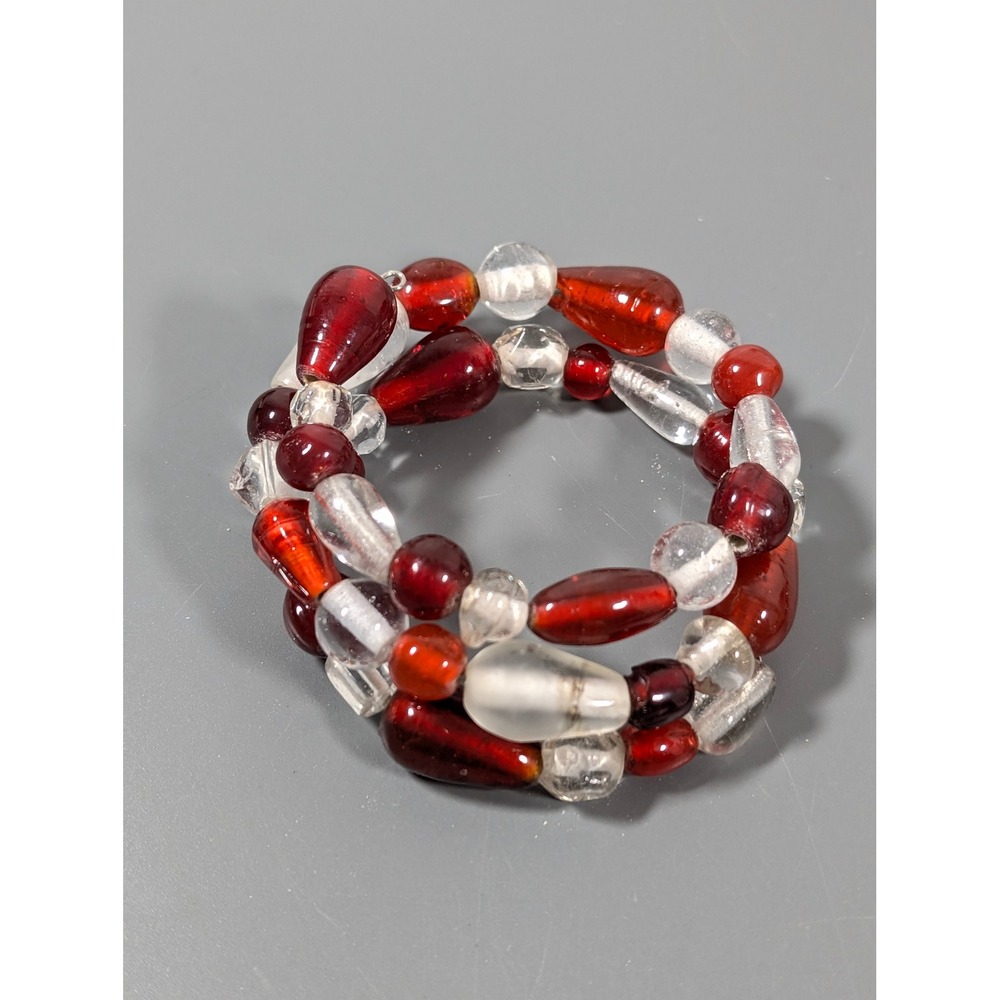 Artisan Red Clear Glass Bead Wrap Coil Bracelet Boho Statement 7" - Picture 3 of 6